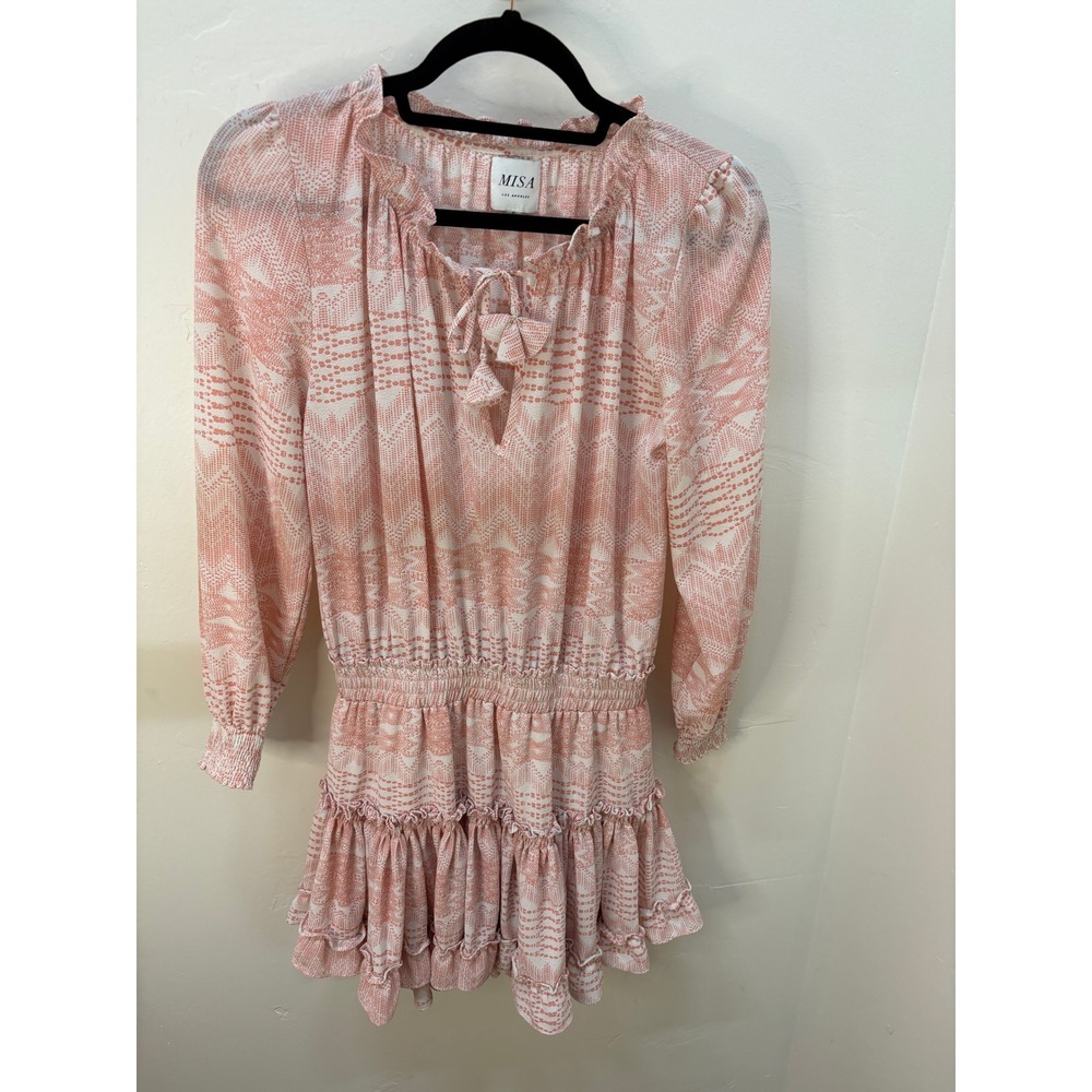 MISA Los Angeles Pink Abstract Print Smocked Ruffle Mini Dress Small